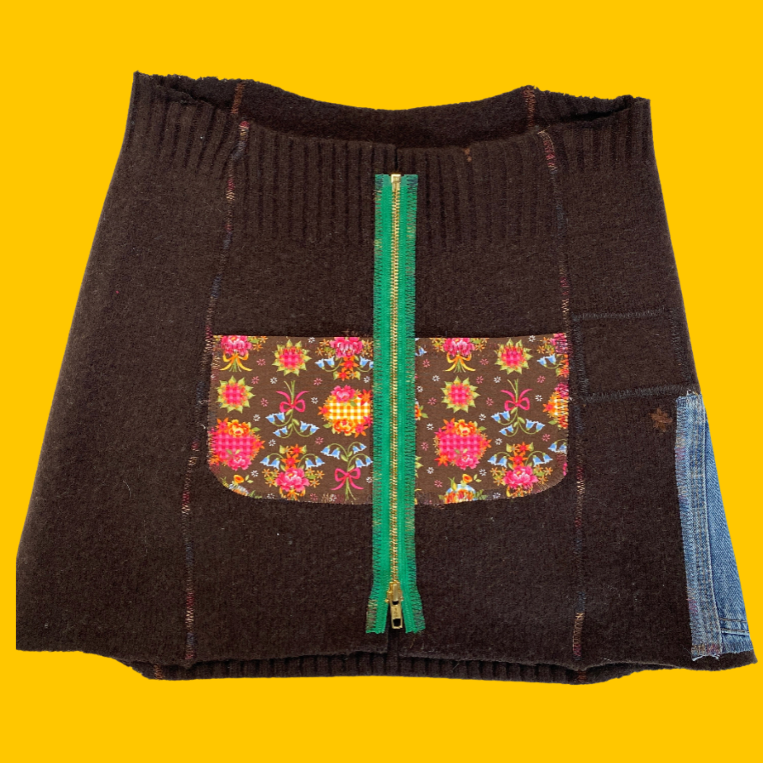 SALE - CRISPINA - Recycled Wool Kilt, Skirt, Bum Warmer - Chocolate with Flowered Pockets and Tool Pocket