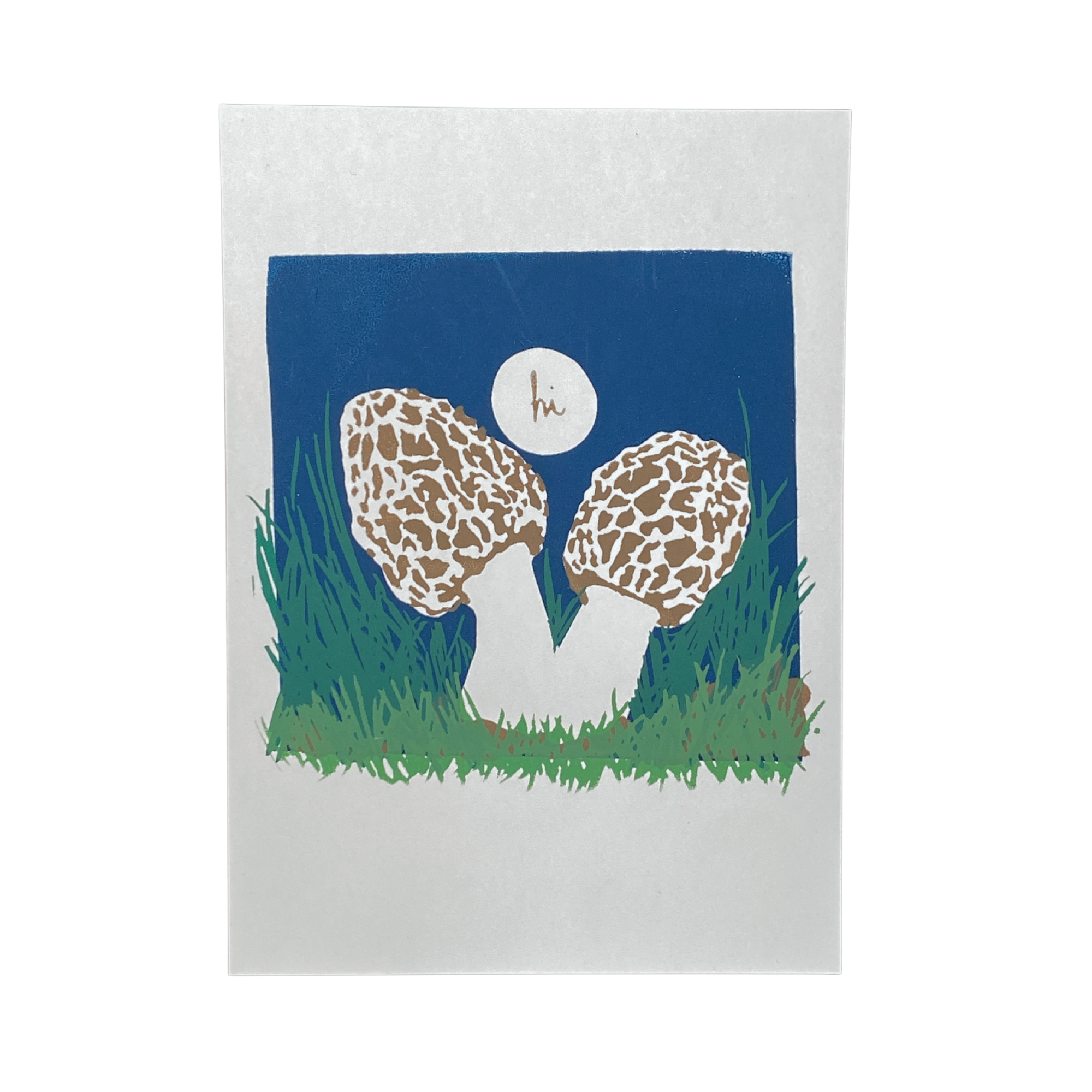 Greeting Card with two morel mushrooms with a 'hi' bubble on a blue background