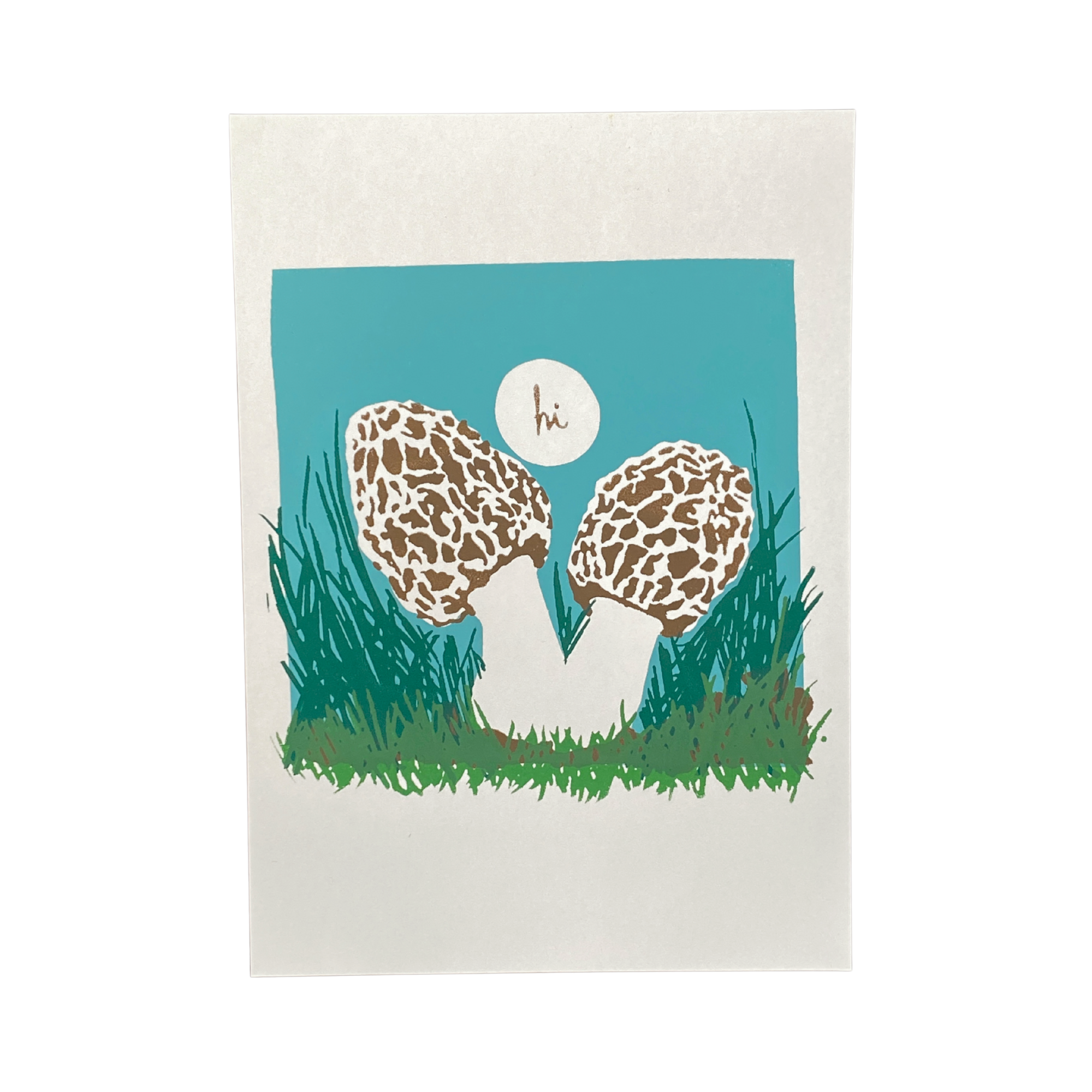 Greeting Card with two morel mushrooms with a 'hi' bubble on a blue/green background