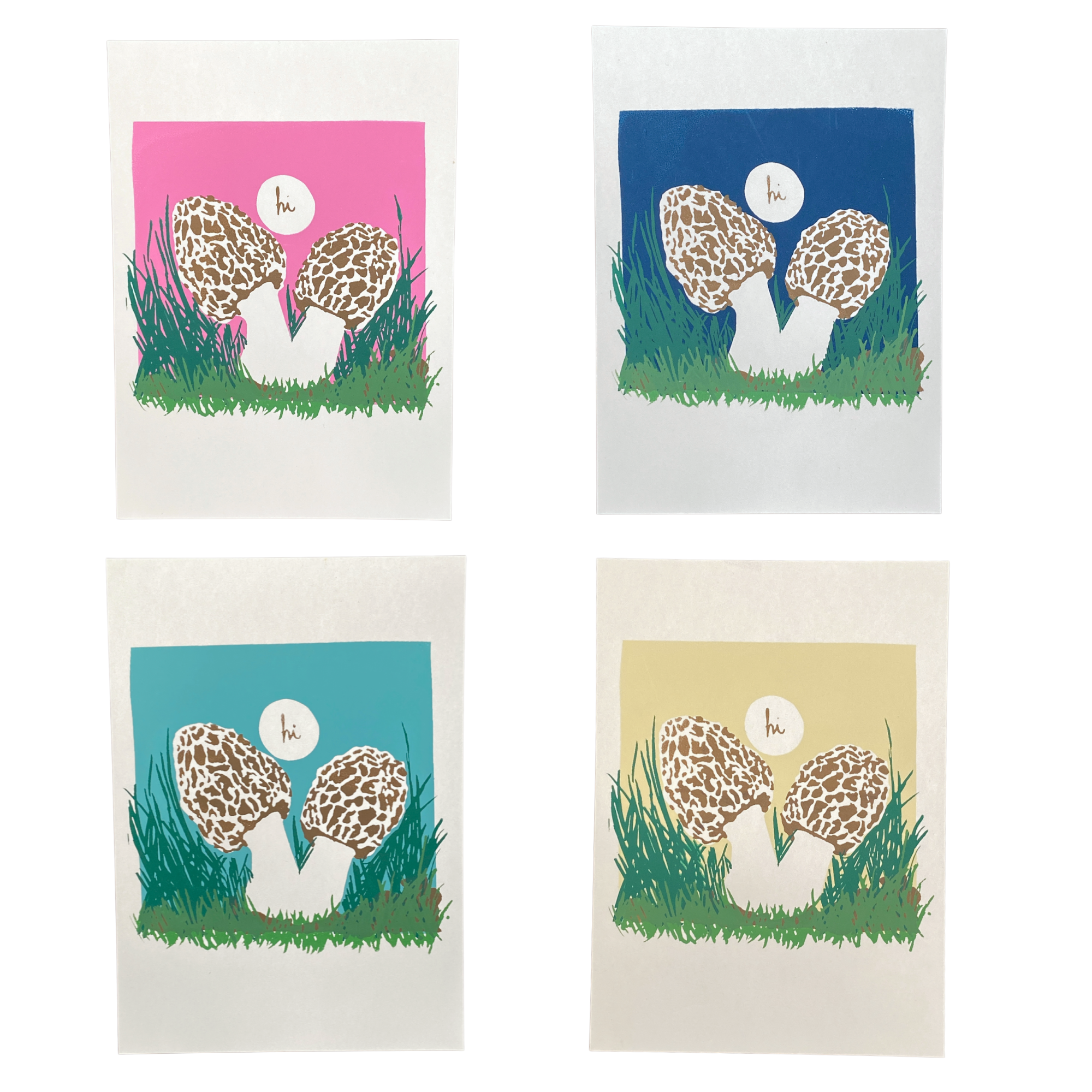 Four Greeting Cards with two morel mushrooms and a 'hi' bubble on a colorful background