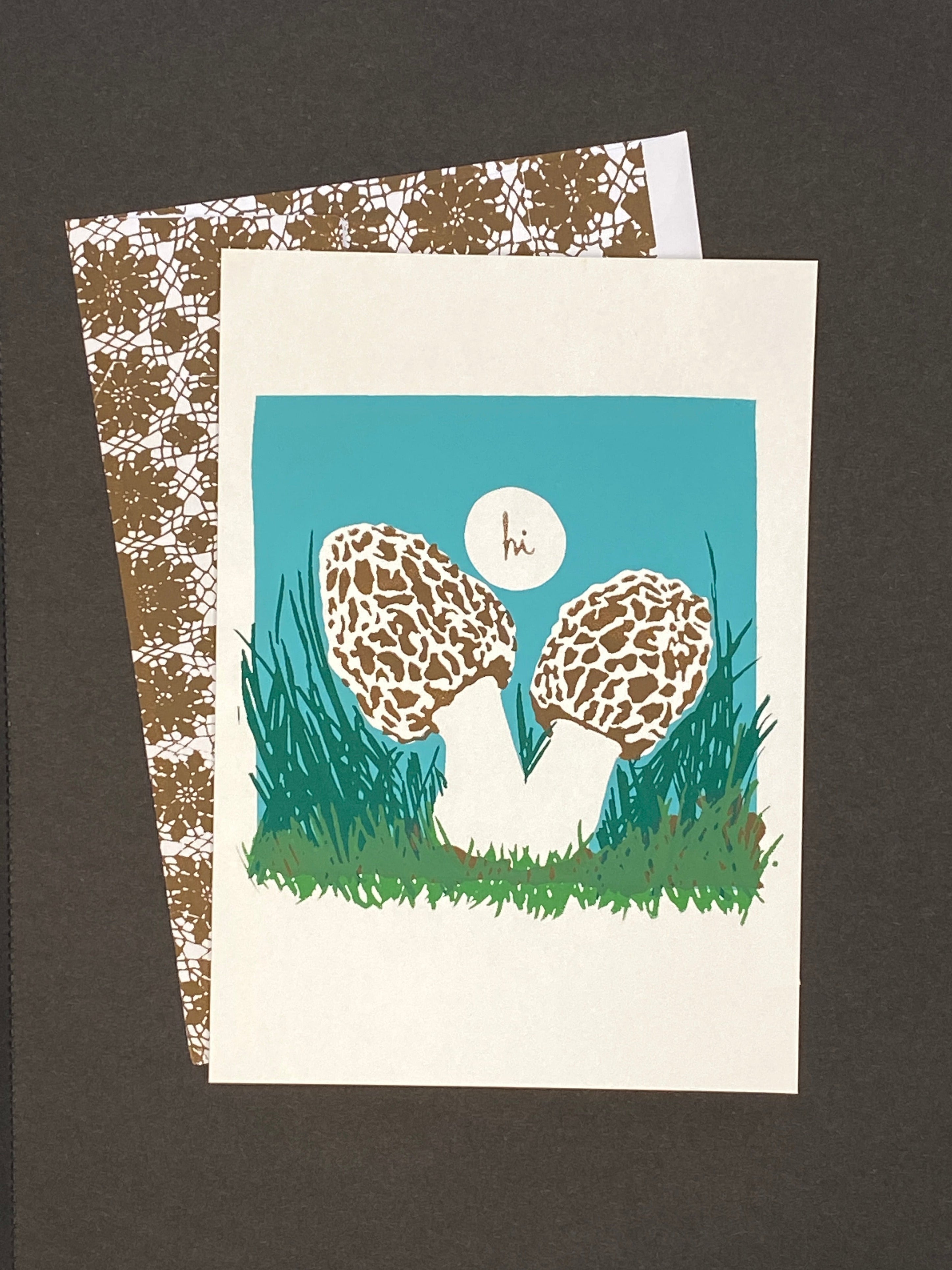 Greeting card with mushroom design with coordination hand printed envelope