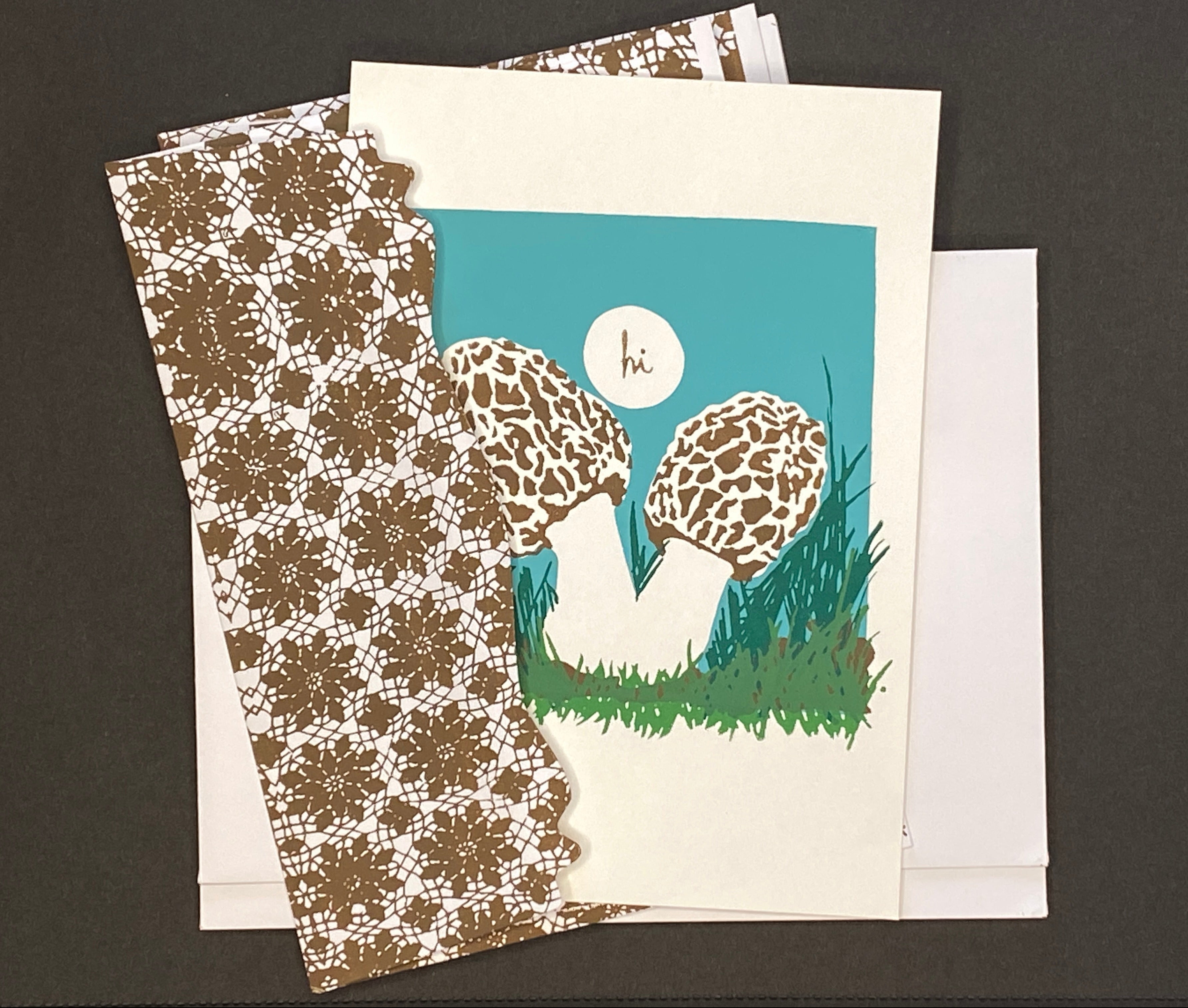 Greeting card with mushroom design with coordination hand printed envelope
