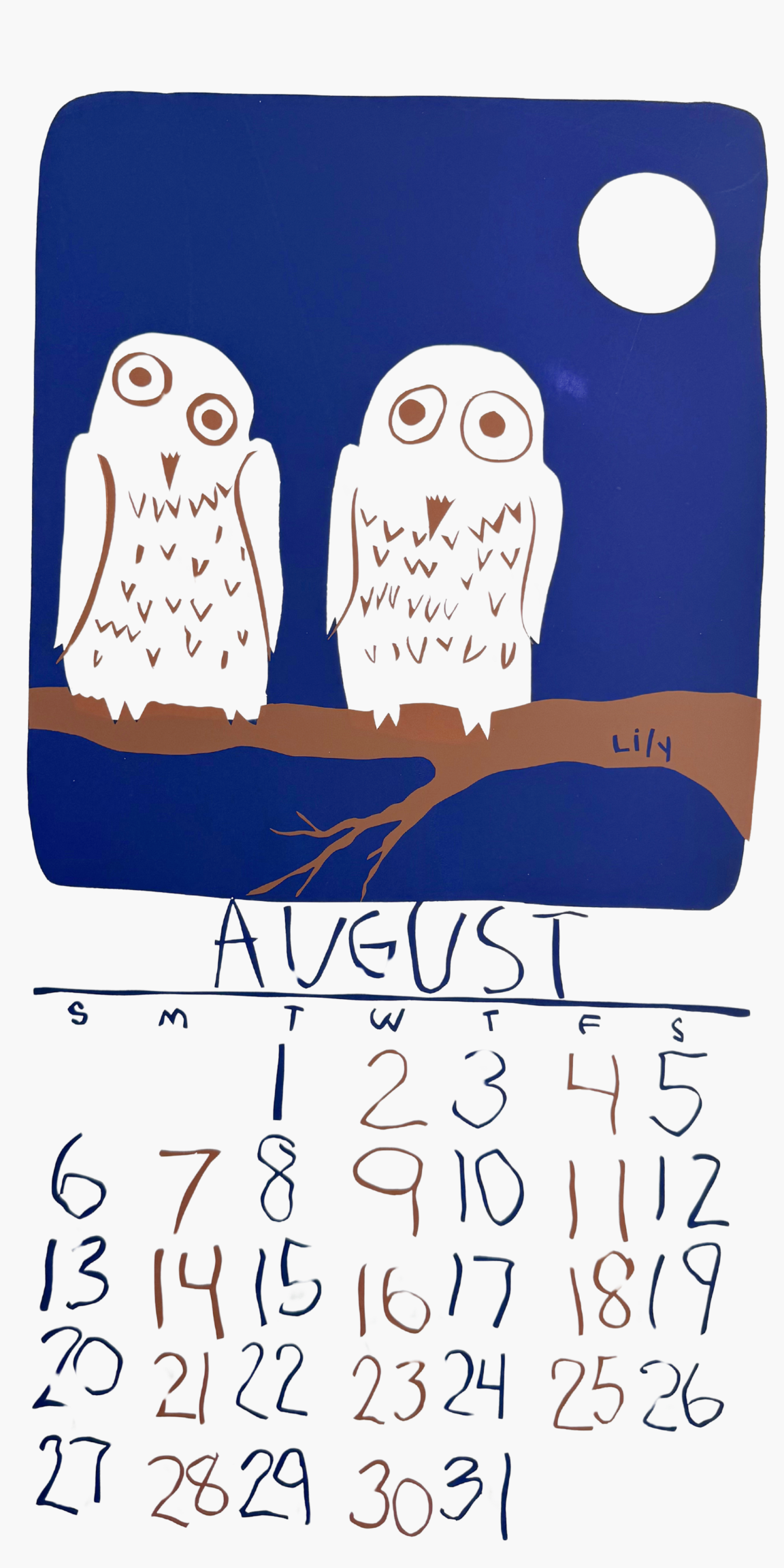 Calendar for August with two owls on a branch against a blue night sky.