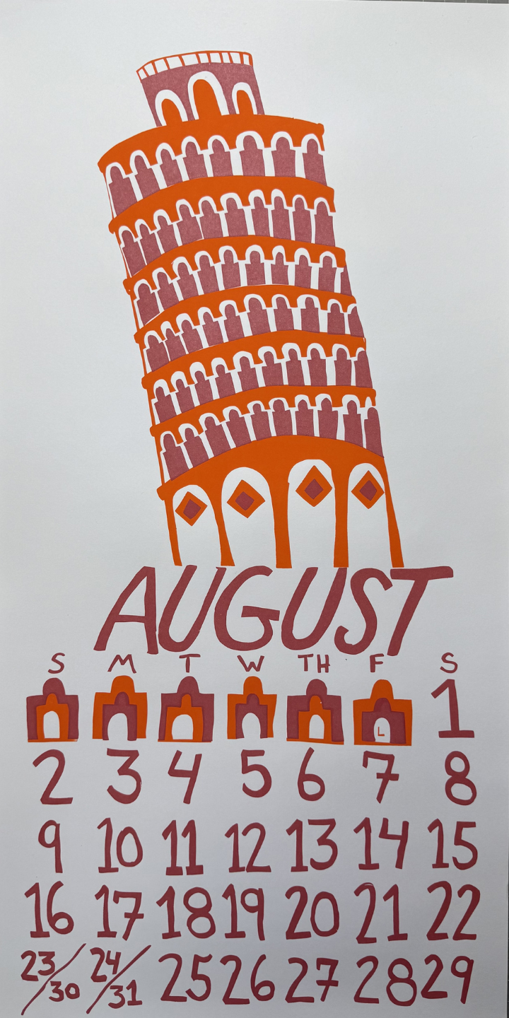 Calendar for August with a stylized illustration of the Leaning Tower of Pisa on a light gray background.