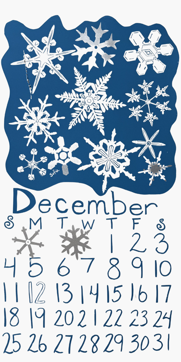 December calendar with snowflake designs on a blue background