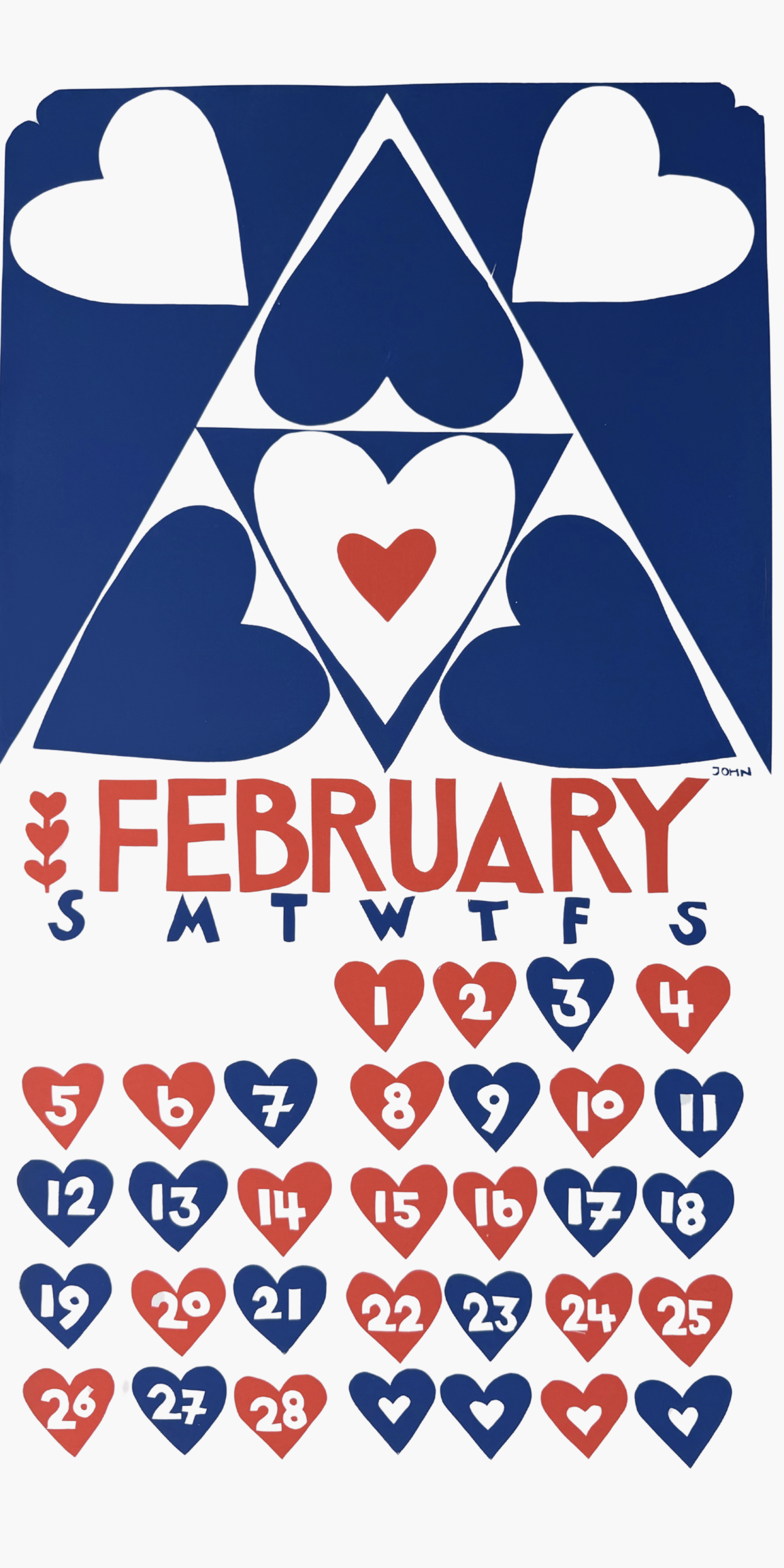 Calendar for February with heart design and blue and red colors