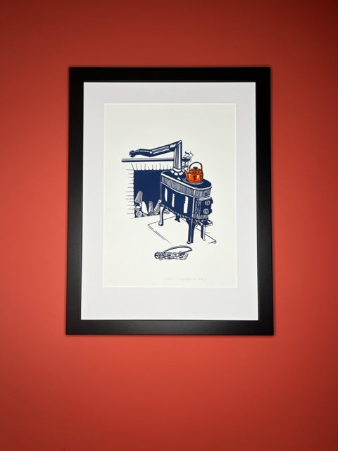 KETTLE ON WOOD STOVE - PRIMM FFRENCH ARTWORK PRINT 13” X 19”