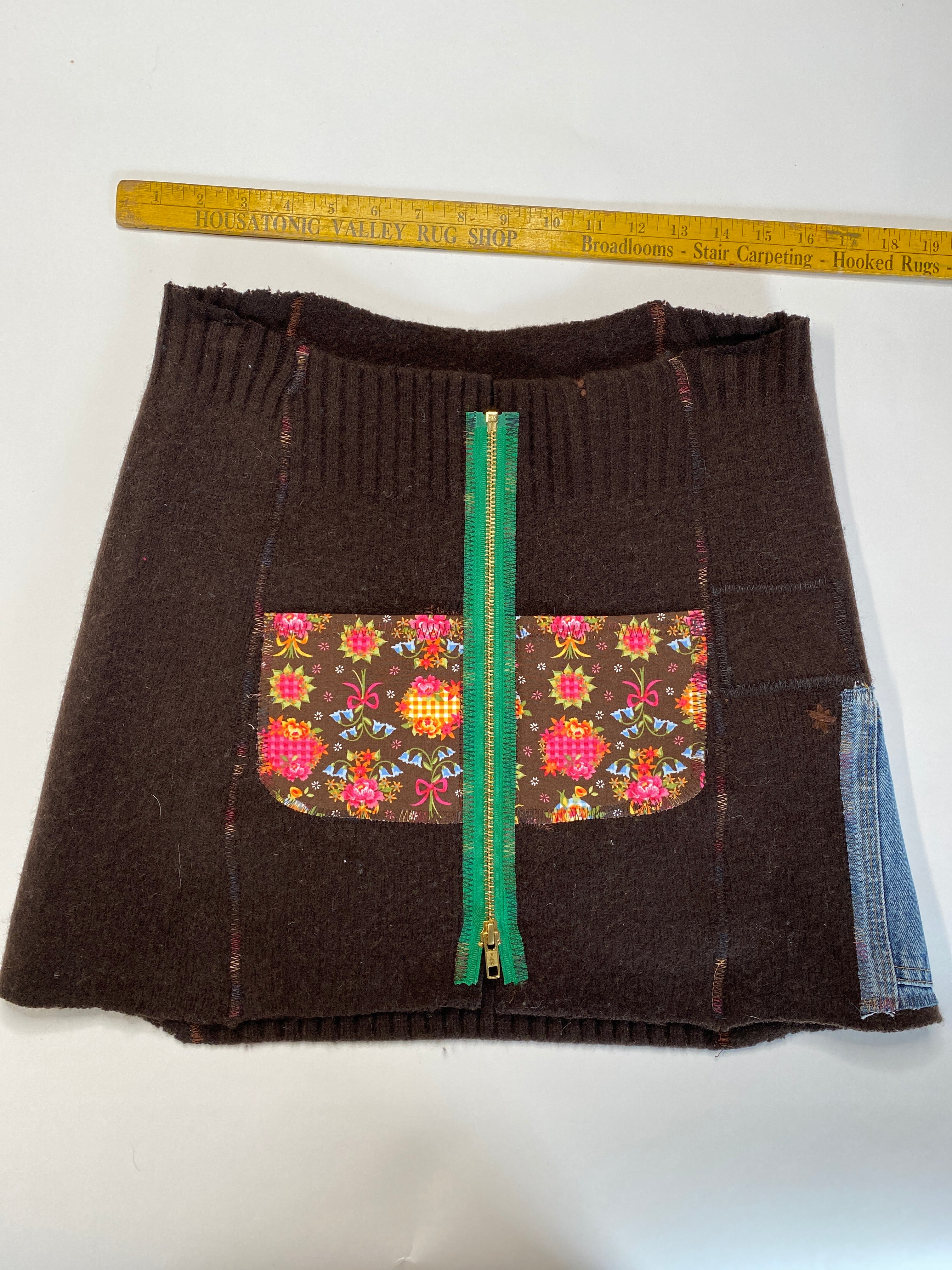 SALE - CRISPINA - Recycled Wool Kilt, Skirt, Bum Warmer - Chocolate with Flowered Pockets and Tool Pocket