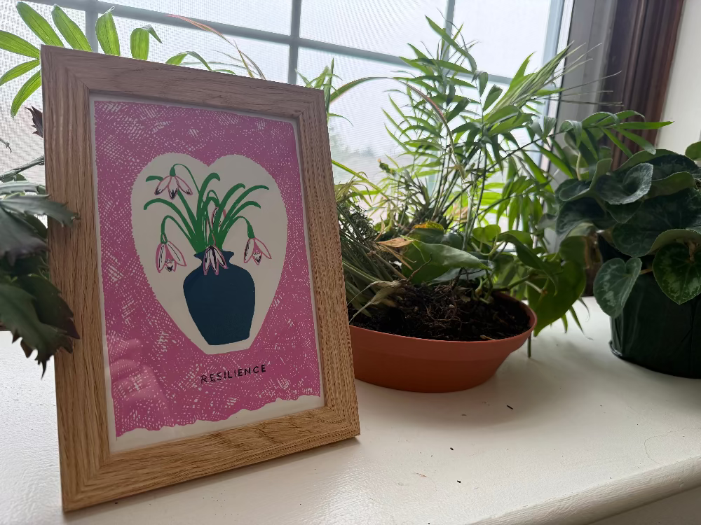 Framed artwork with a plant illustration on a windowsill with plants