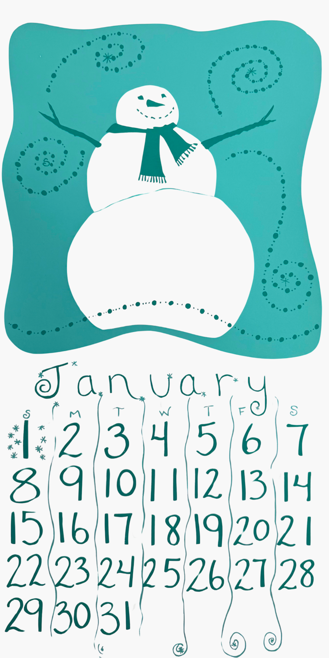 Calendar for January with a snowman design on a teal background
