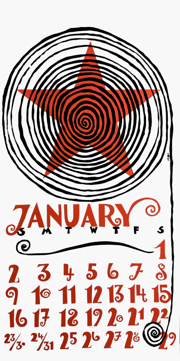 January calendar with a red star design on a white background