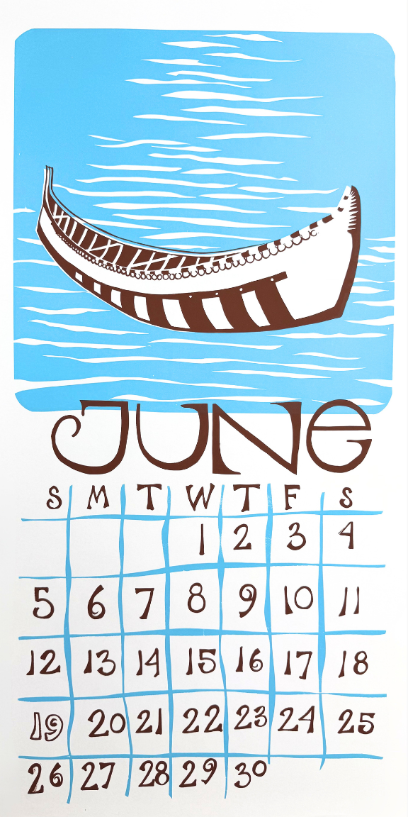 Calendar for June with a boat illustration on a blue background