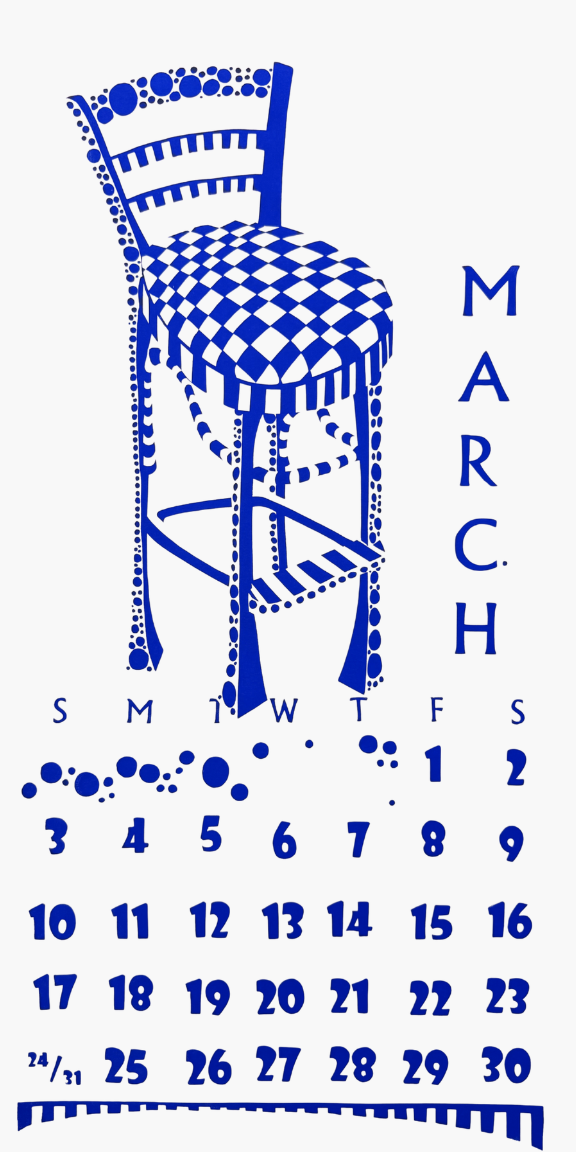 Blue checkered chair design on a March calendar with days of the week.