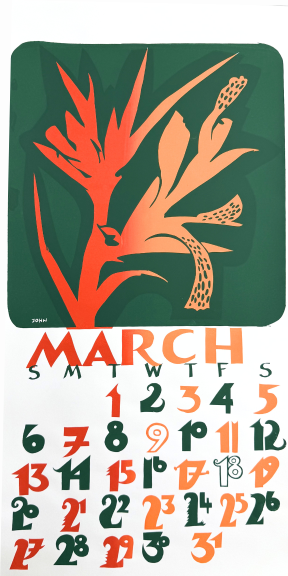 Calendar for March with orange tree design on a green background