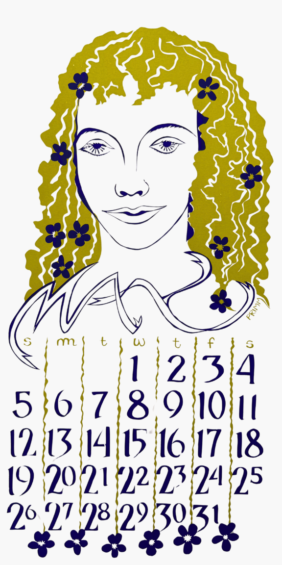 Illustration of a face with floral hair and a calendar with numbers from 1 to 31.