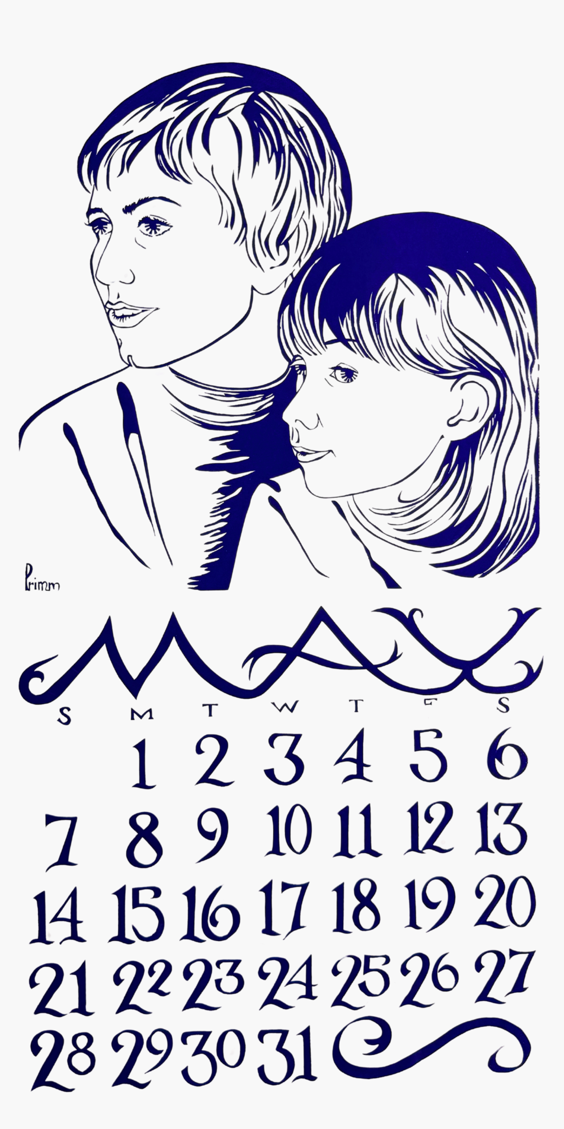 Illustration of a couple with a calendar for May on a white background