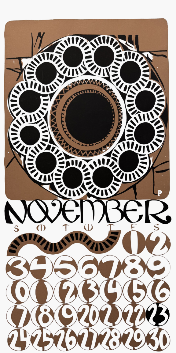 Decorative November calendar with black and white design on a brown background
