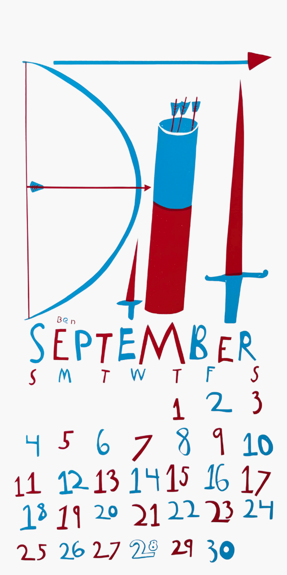 Calendar for September with a stylized archery design on a white background