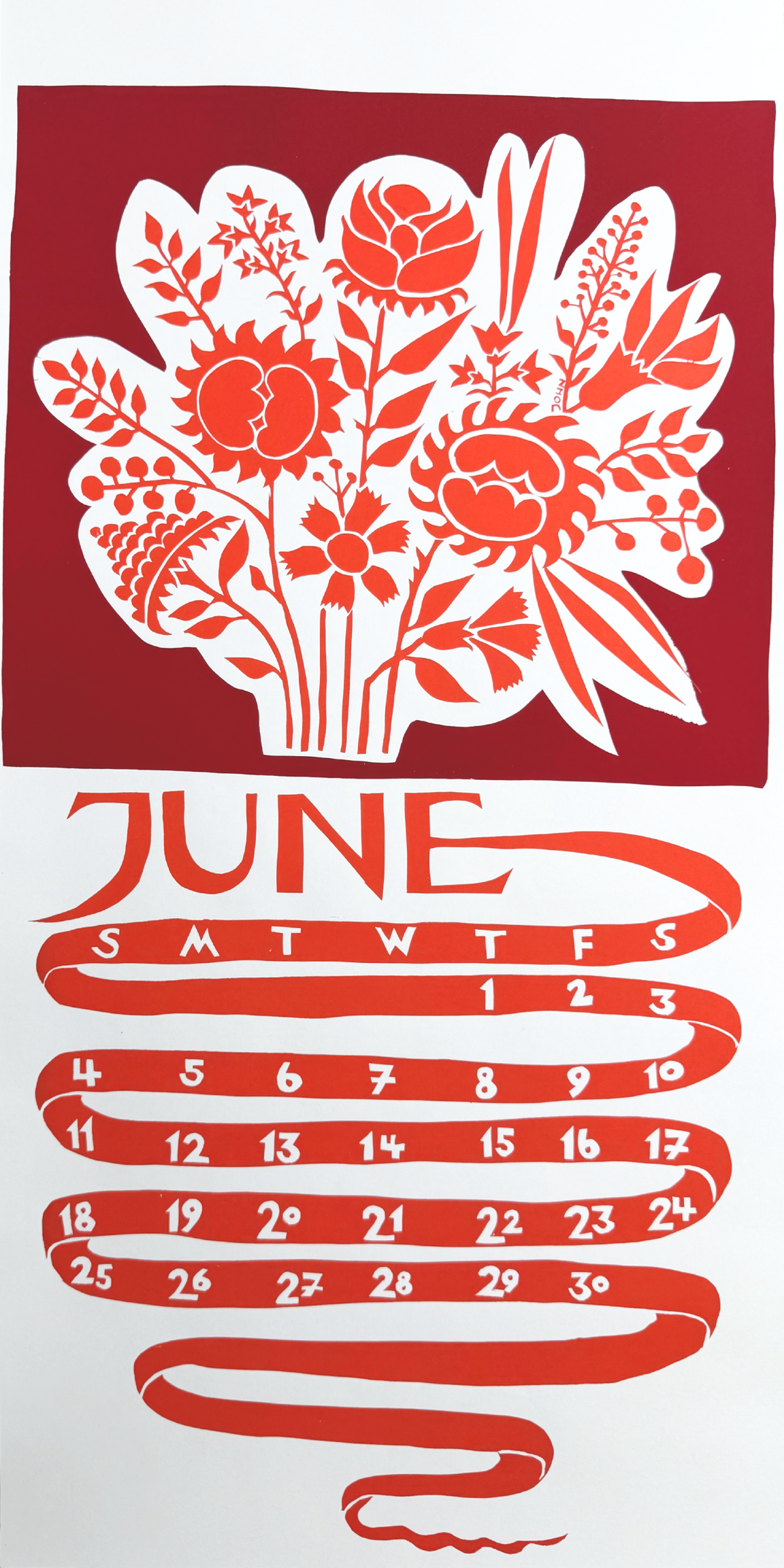 Floral design with 'June' calendar on a red and white background