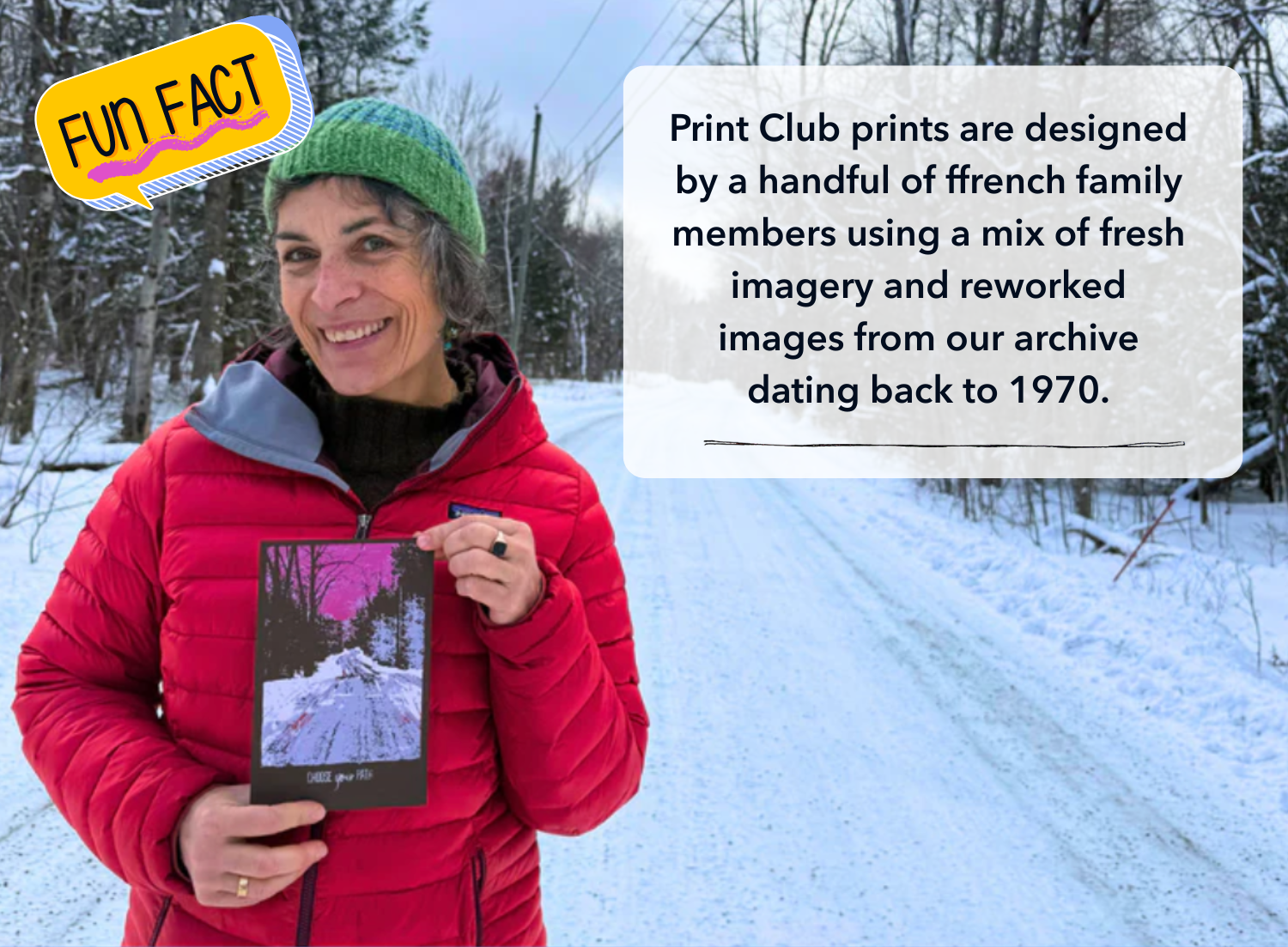 Crispina holding January 2026 Print Club print on the road that is depicted on the image