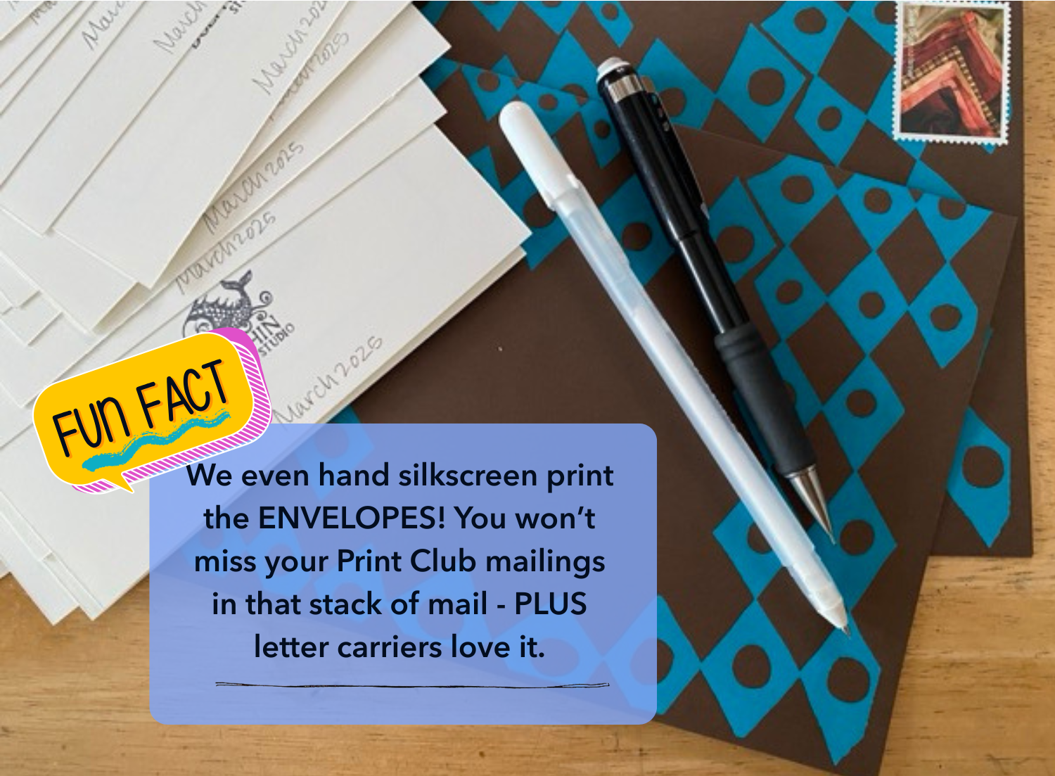 Print Club prints and envelopes with pens and a postage stamp