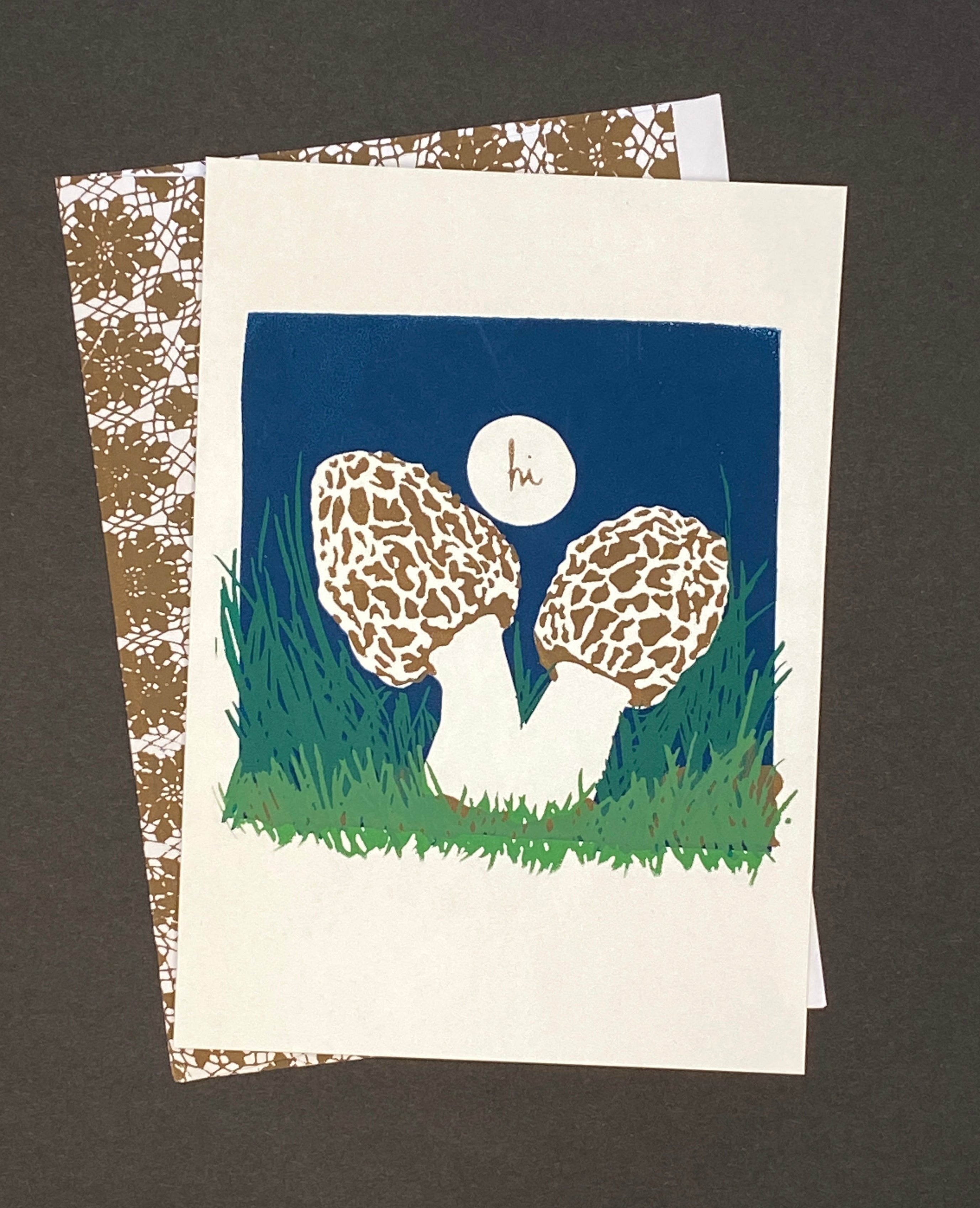Greeting card with mushroom design with coordinating hand printed envelope