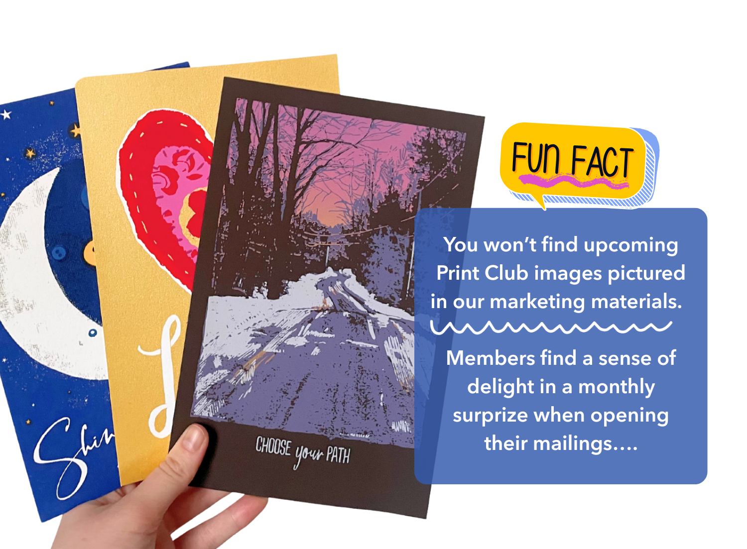 Lily holding past Print Club prints with Fun Fact banner