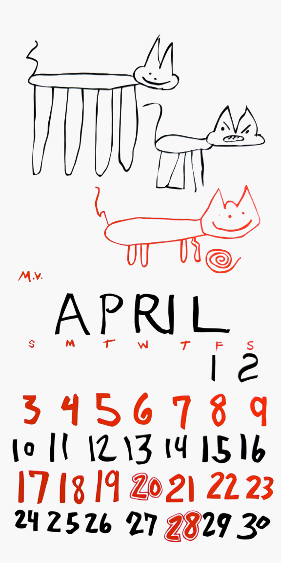 Hand-drawn calendar for April with a cat and dog illustration.