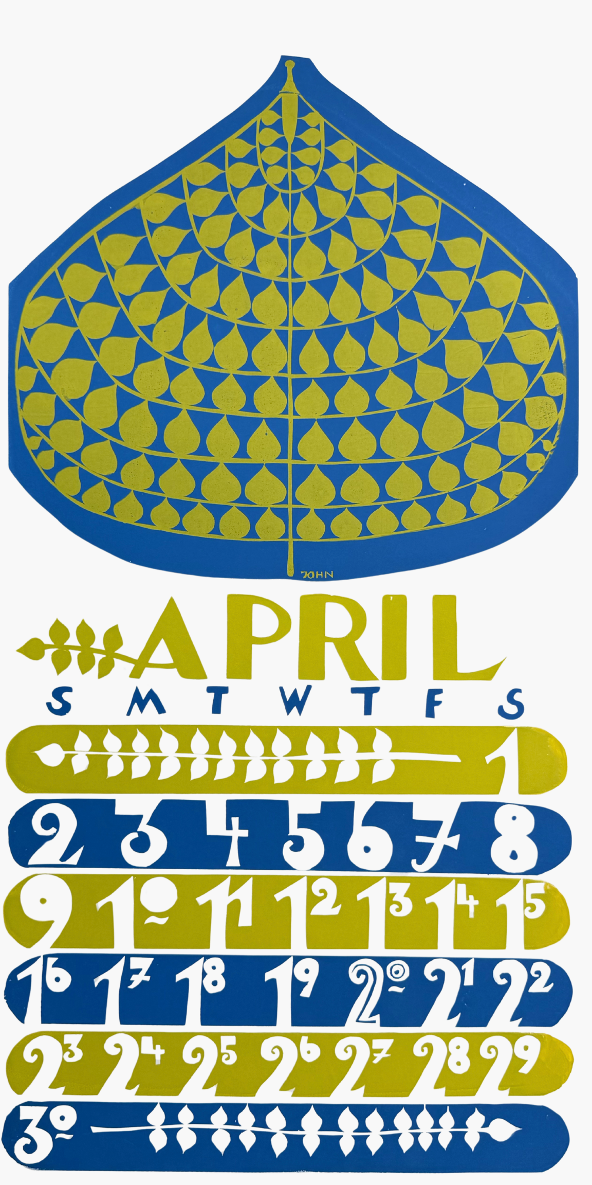 April calendar with blue and yellow design on a white background