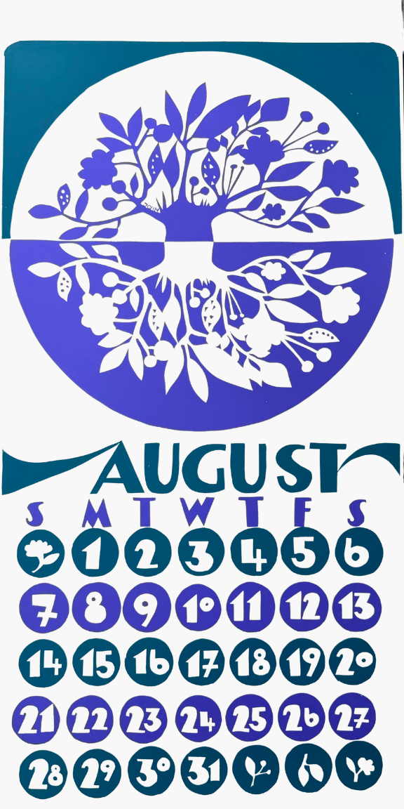 August calendar with a stylized tree design in the center