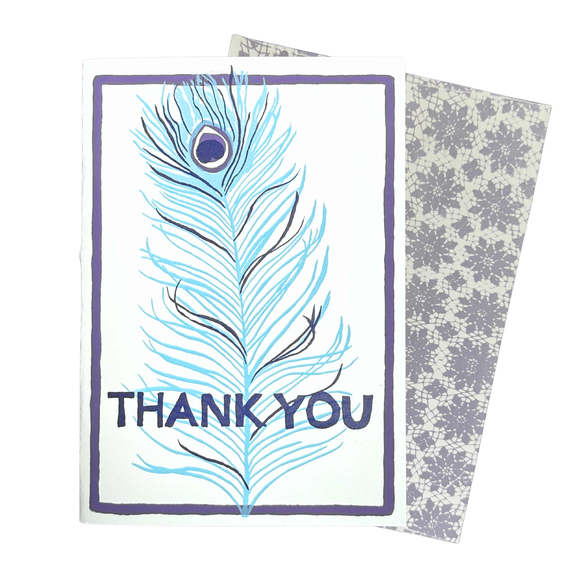 Greeting card with peacock feather design and 'Thank You' text, featuring a floral patterned envelope.