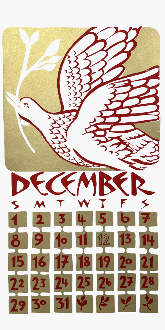 December calendar with a red dove illustration on a beige background