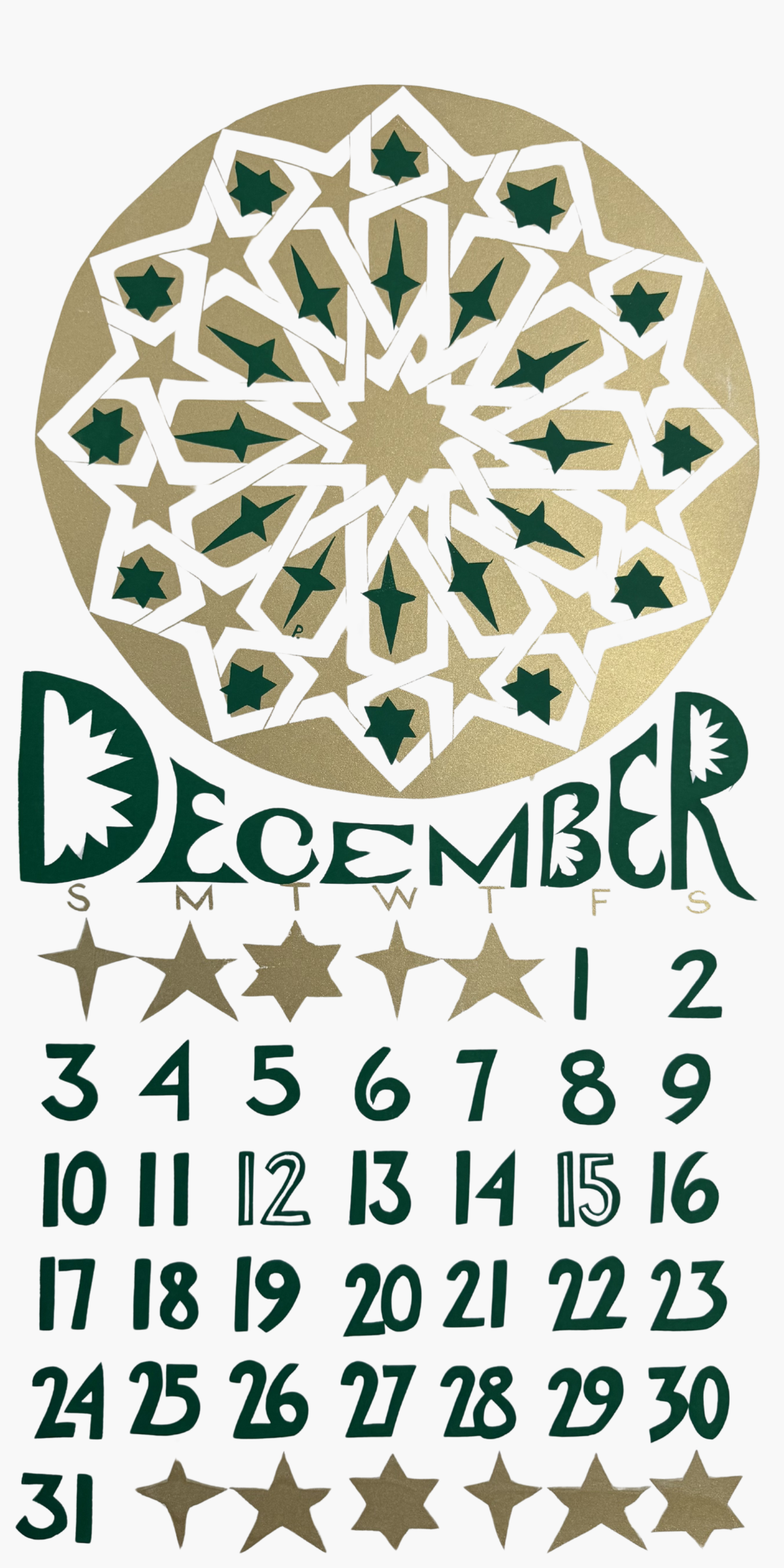 December calendar with star design and gold and green colors
