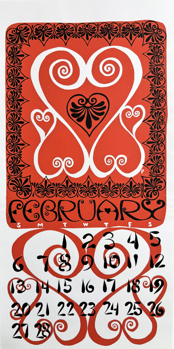 Decorative calendar with heart and swirl design on a red background