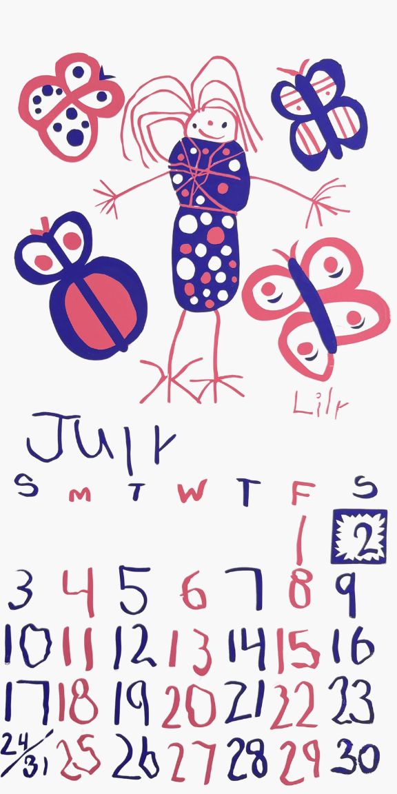 Colorful calendar with abstract designs and the name 'Lilr' on a white background