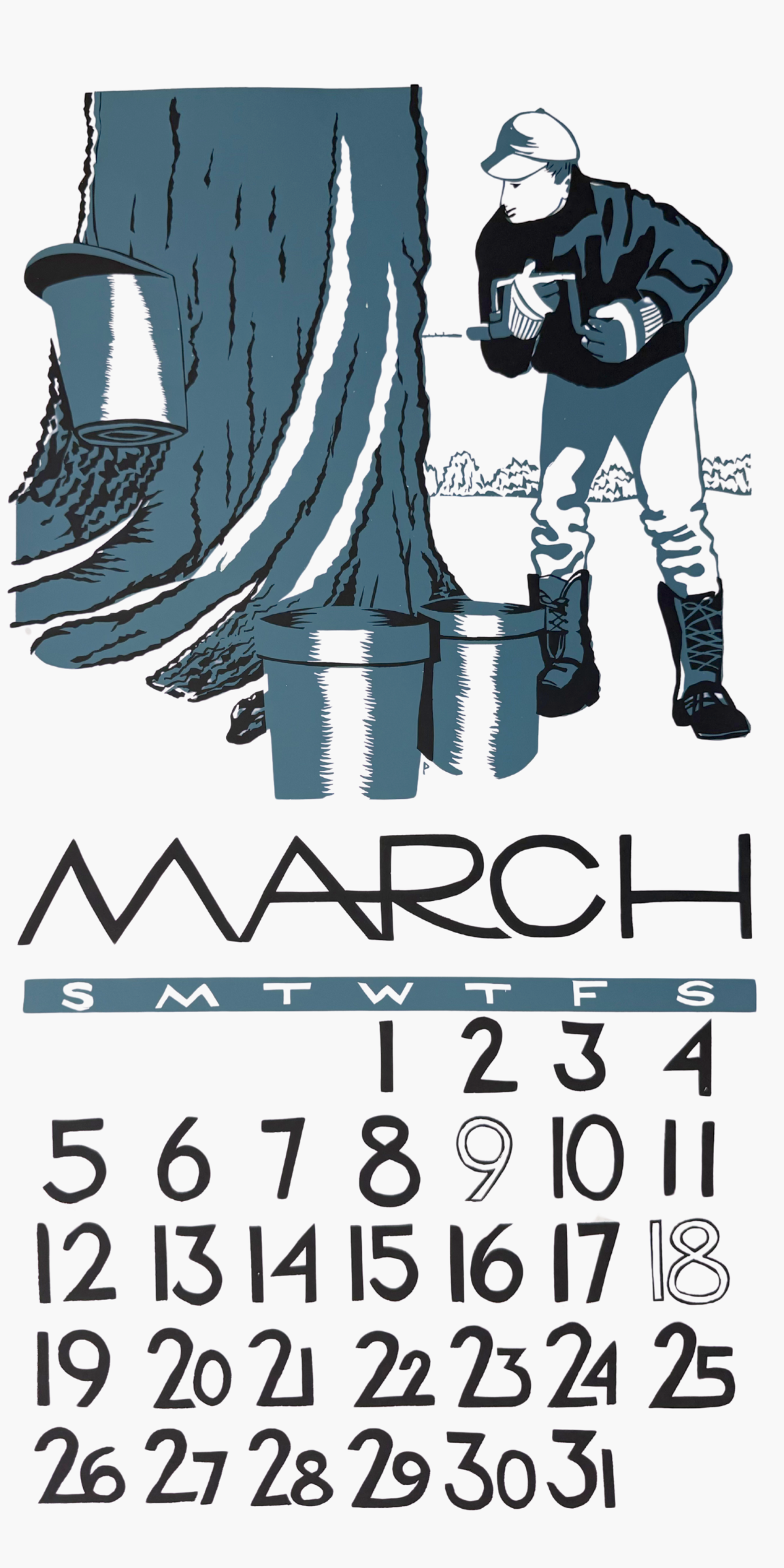 Illustration of a person working with trees and a March calendar.