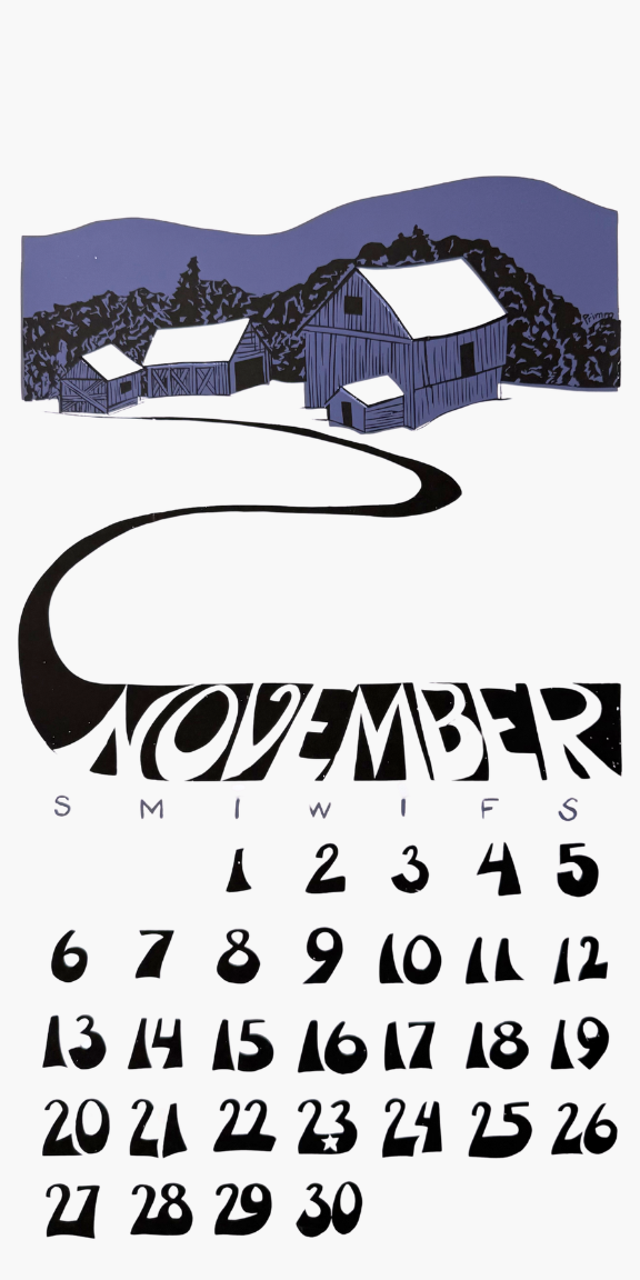 November calendar with a stylized winter landscape featuring houses and trees.