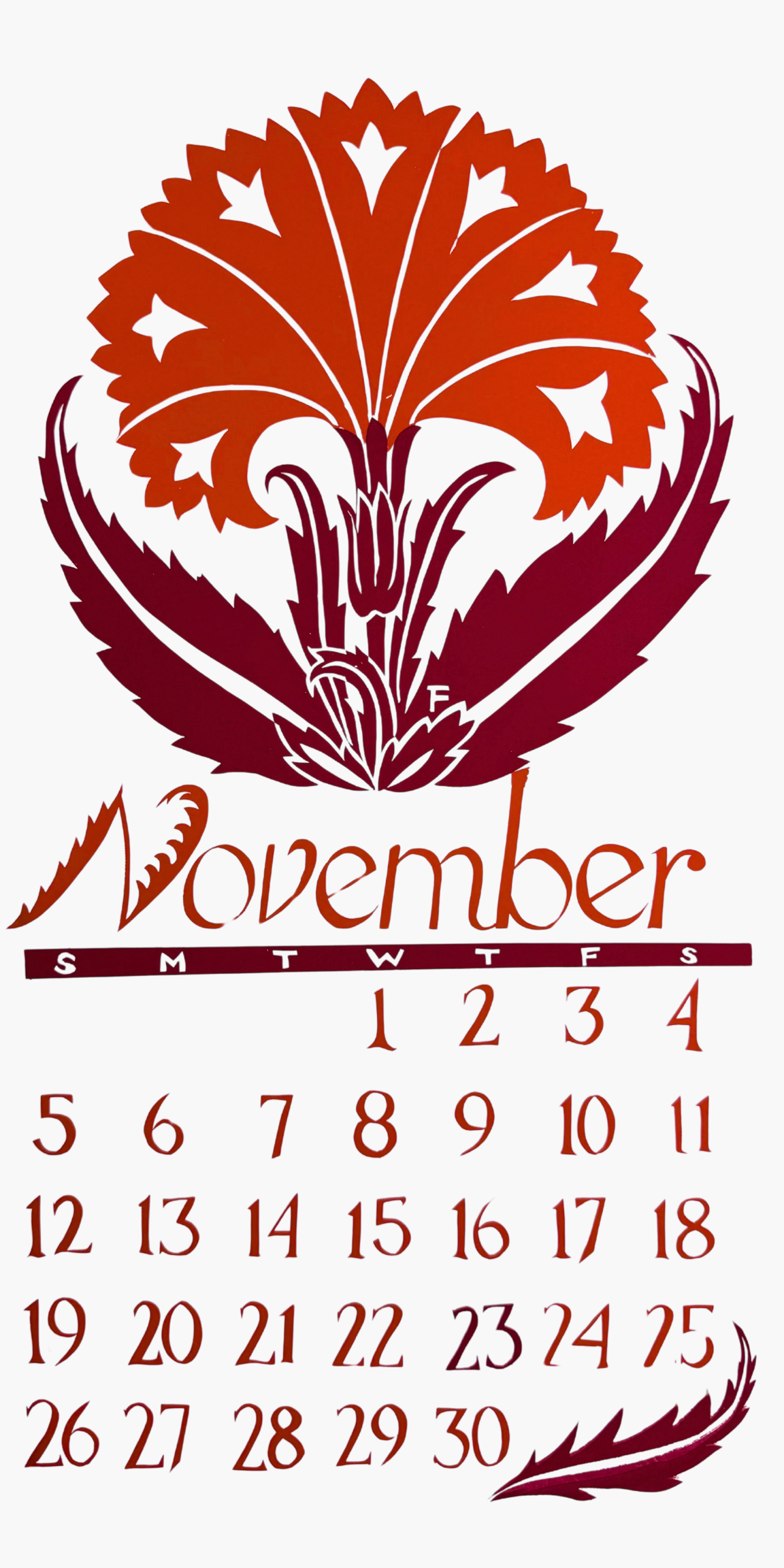 November calendar with decorative thistle design on a white background