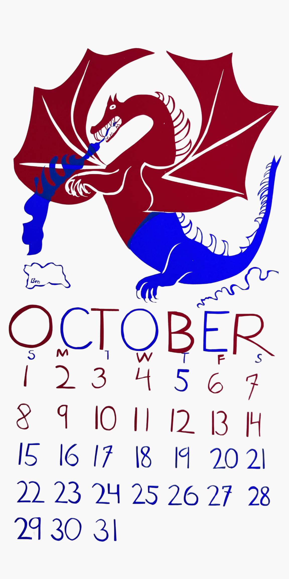 Calendar for October with a red and blue dragon design on a white background