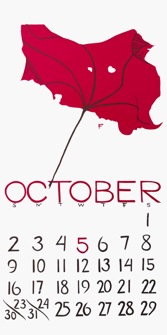 Calendar for October with a red leaf design on a white background