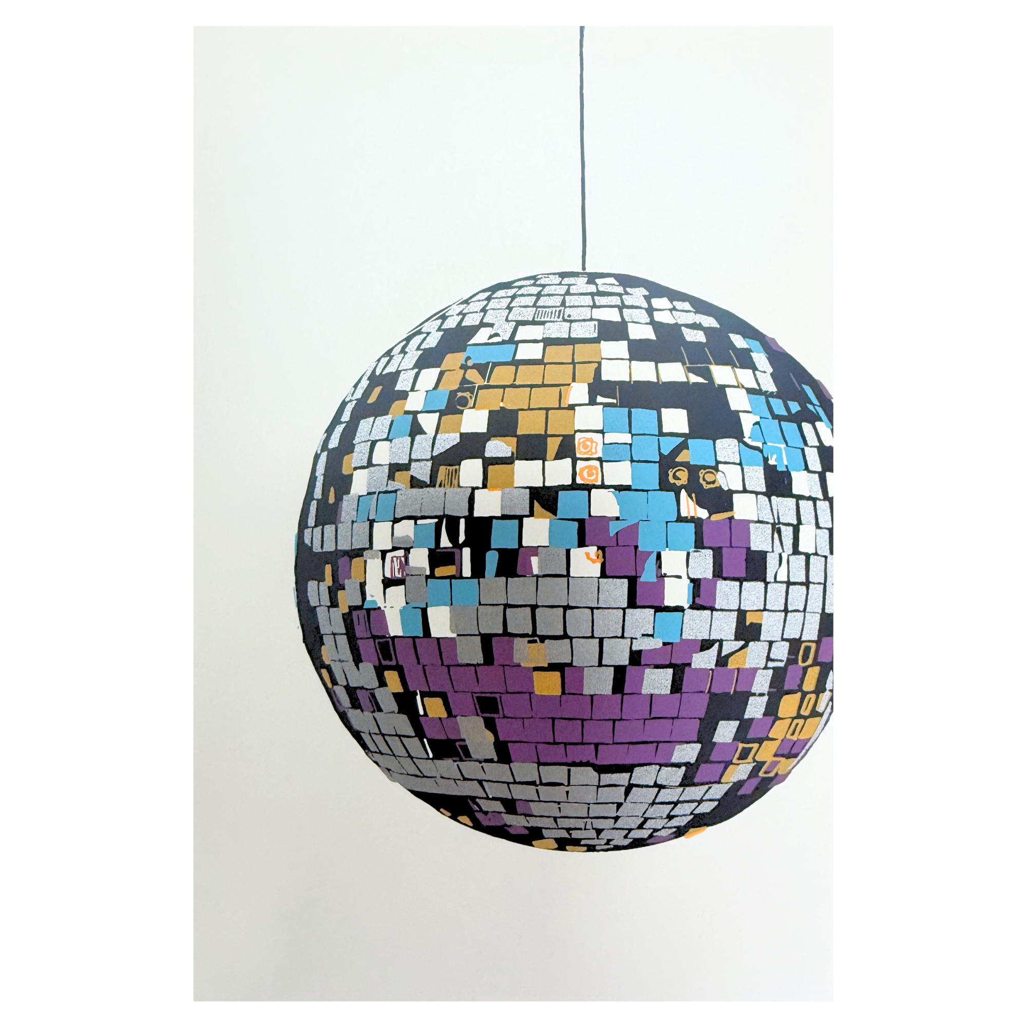 A hand silkscreened print depicting a spherical disco ball  covered in reflective square tiles, hanging from a thin black cord against a plain off-white background.