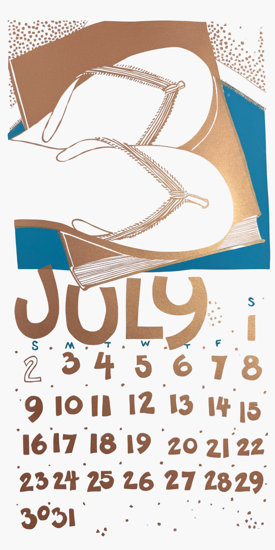 July calendar with decorative shoes on a white background